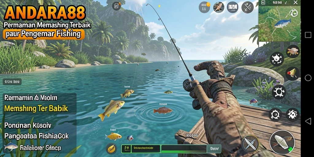 Tampilan gameplay yang menawan dengan berbagai ikan dan lokasi memancing.