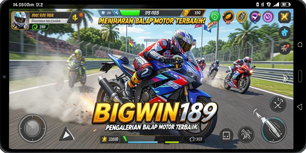Screenshot gameplay BIGWIN189 menampilkan balapan motor yang intens dan mendebarkan.