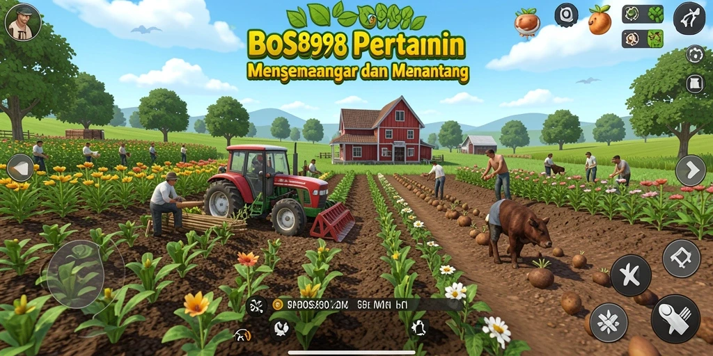 Tampilan gameplay dinamis dari <strong>BOS898</strong> saat bertani di ladang yang luas.