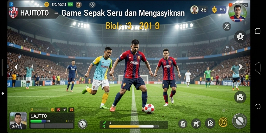 Tangkapan layar gameplay HAJITOTO menampilkan aksi sepak bola yang mendebarkan.