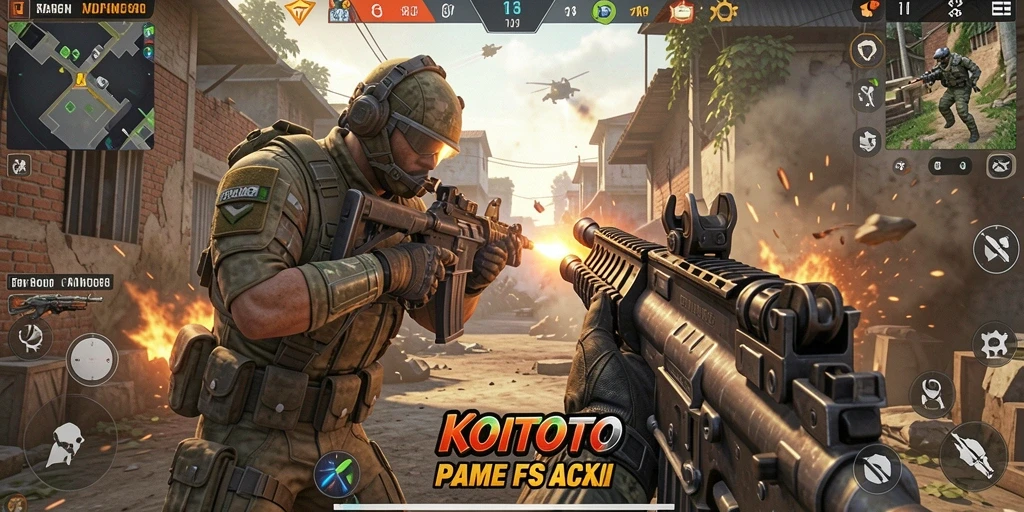 Screenshot gameplay KOITOTO menampilkan aksi tembak-menembak yang mendebarkan.