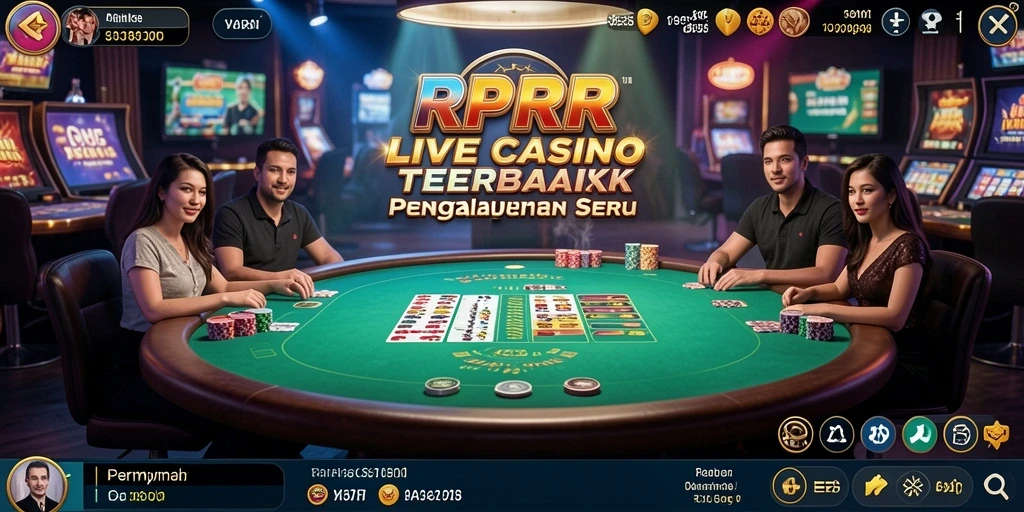 Screenshot gameplay RPRR menampilkan dealer langsung dan meja permainan yang menarik.