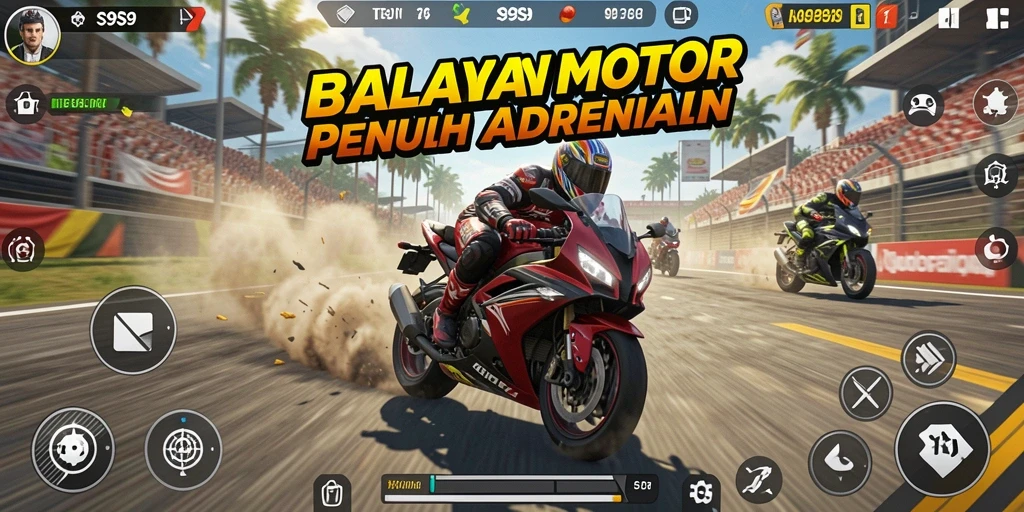 Tampilan utama gameplay S9S9 dengan balapan motor yang seru.