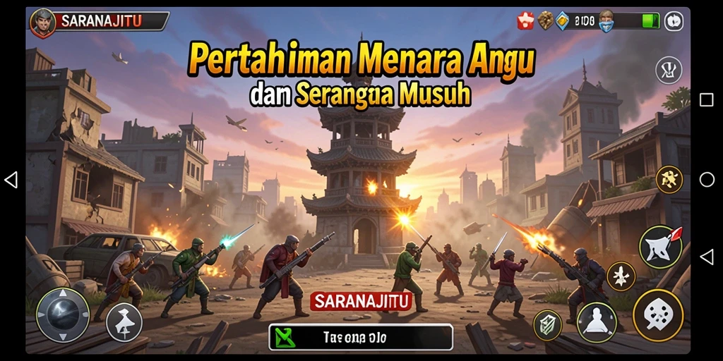 Tampilan gameplay seru dari SARANAJITU, menampilkan strategi menara yang menegangkan.