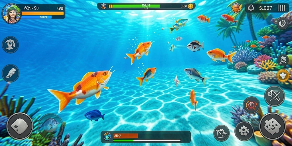 Screenshot menunjukkan gameplay seru saat menembak berbagai ikan.
